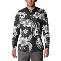 Hawaiian-Polynesian Art Tattoo Button Sweatshirt Hibiscus and Plumeria Grayscale