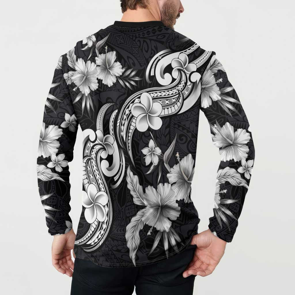 Hawaiian-Polynesian Art Tattoo Button Sweatshirt Hibiscus and Plumeria Grayscale