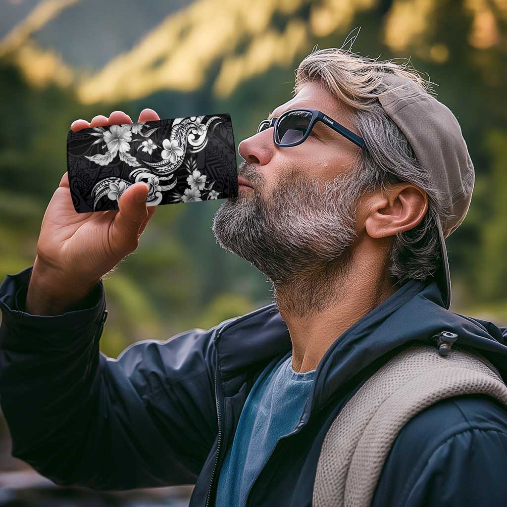 Hawaiian-Polynesian Art Tattoo 4 in 1 Can Cooler Tumbler Hibiscus and Plumeria Grayscale