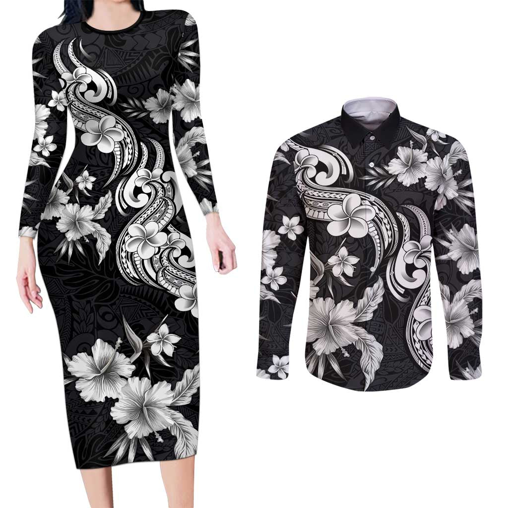 Hawaiian-Polynesian Art Tattoo Couples Matching Long Sleeve Bodycon Dress and Long Sleeve Button Shirt Hibiscus and Plumeria Grayscale