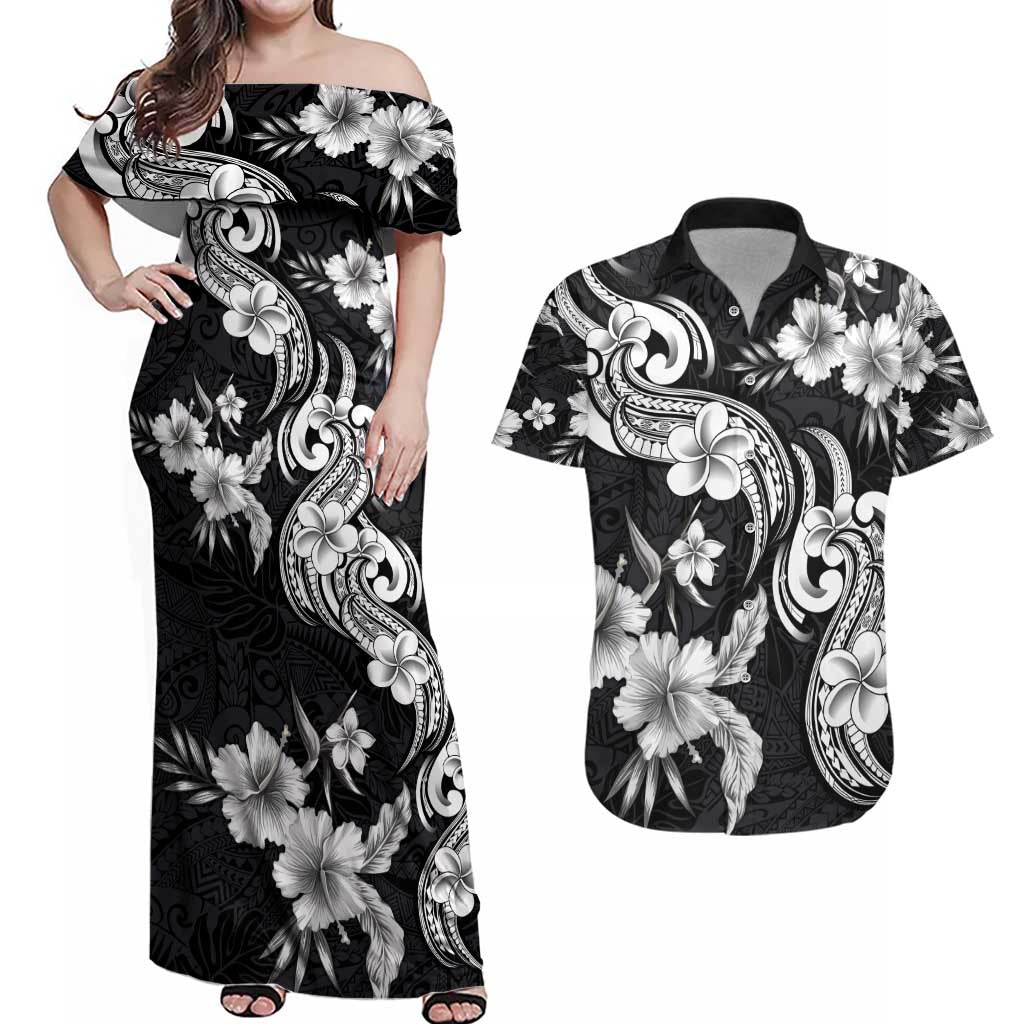 Hawaiian-Polynesian Art Tattoo Couples Matching Off Shoulder Maxi Dress and Hawaiian Shirt Hibiscus and Plumeria Grayscale