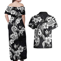 Hawaiian-Polynesian Art Tattoo Couples Matching Off Shoulder Maxi Dress and Hawaiian Shirt Hibiscus and Plumeria Grayscale