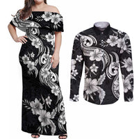 Hawaiian-Polynesian Art Tattoo Couples Matching Off Shoulder Maxi Dress and Long Sleeve Button Shirt Hibiscus and Plumeria Grayscale