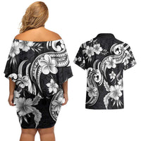 Hawaiian-Polynesian Art Tattoo Couples Matching Off Shoulder Short Dress and Hawaiian Shirt Hibiscus and Plumeria Grayscale