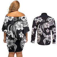 Hawaiian-Polynesian Art Tattoo Couples Matching Off Shoulder Short Dress and Long Sleeve Button Shirt Hibiscus and Plumeria Grayscale