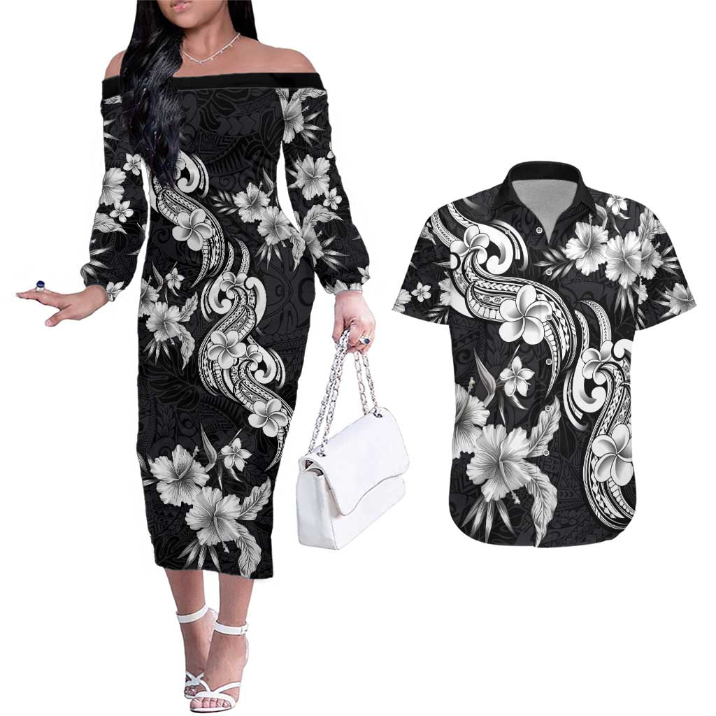 Hawaiian-Polynesian Art Tattoo Couples Matching Off The Shoulder Long Sleeve Dress and Hawaiian Shirt Hibiscus and Plumeria Grayscale