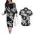 Hawaiian-Polynesian Art Tattoo Couples Matching Off The Shoulder Long Sleeve Dress and Hawaiian Shirt Hibiscus and Plumeria Grayscale