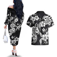 Hawaiian-Polynesian Art Tattoo Couples Matching Off The Shoulder Long Sleeve Dress and Hawaiian Shirt Hibiscus and Plumeria Grayscale