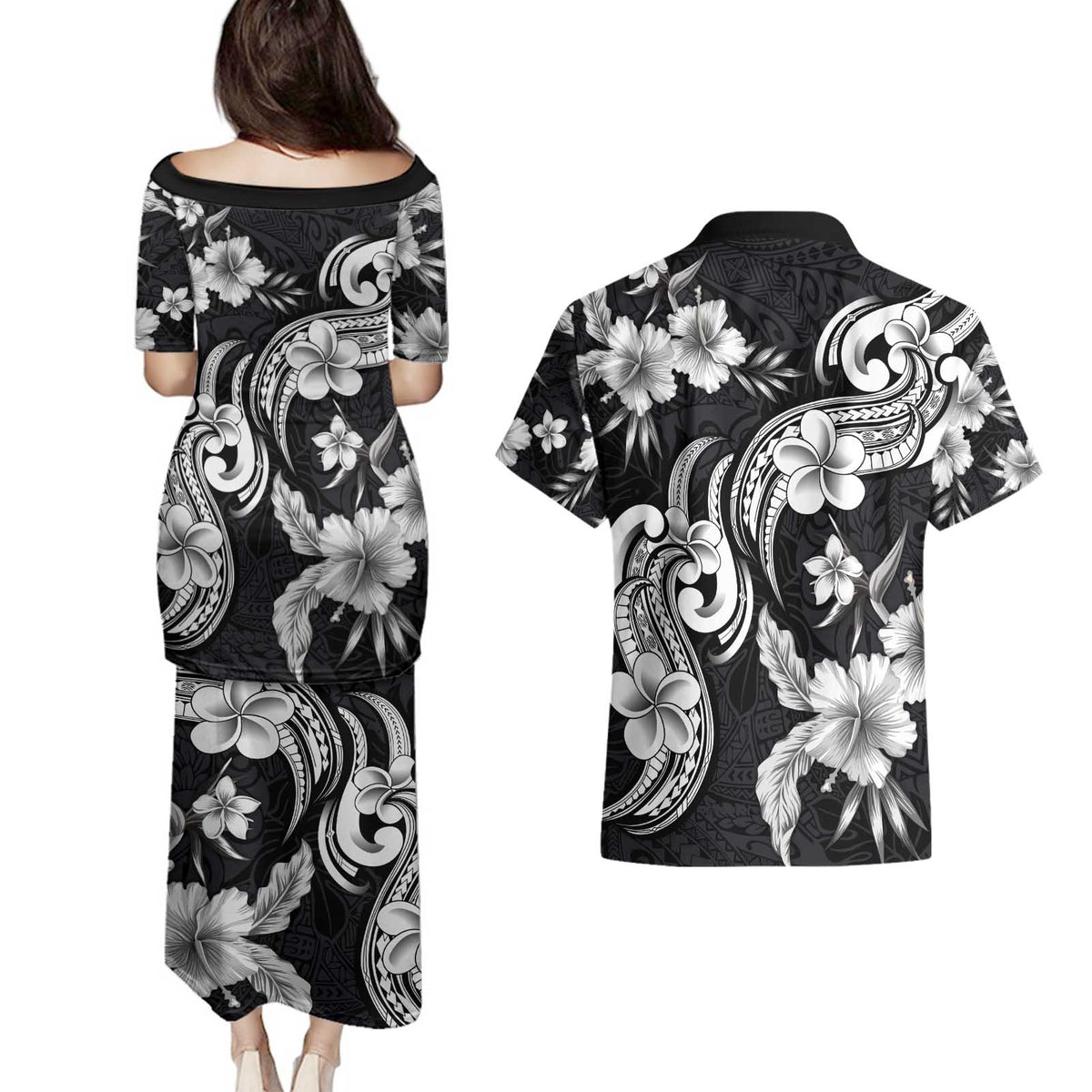 Hawaiian-Polynesian Art Tattoo Couples Matching Puletasi and Hawaiian Shirt Hibiscus and Plumeria Grayscale