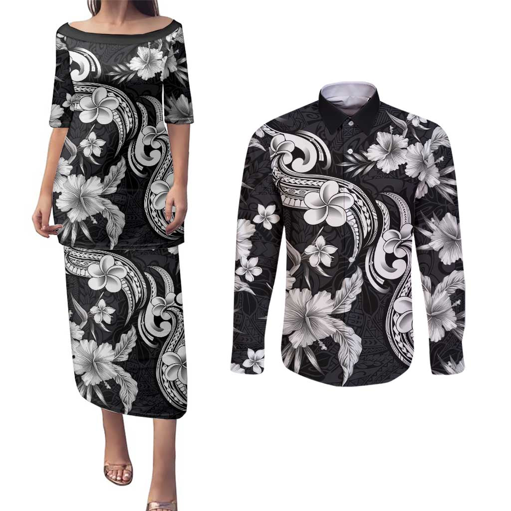 Hawaiian-Polynesian Art Tattoo Couples Matching Puletasi and Long Sleeve Button Shirt Hibiscus and Plumeria Grayscale