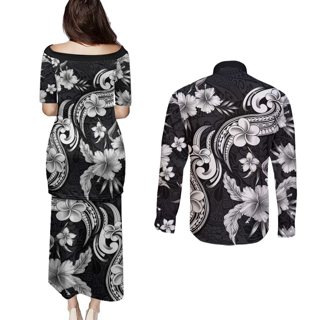 Hawaiian-Polynesian Art Tattoo Couples Matching Puletasi and Long Sleeve Button Shirt Hibiscus and Plumeria Grayscale