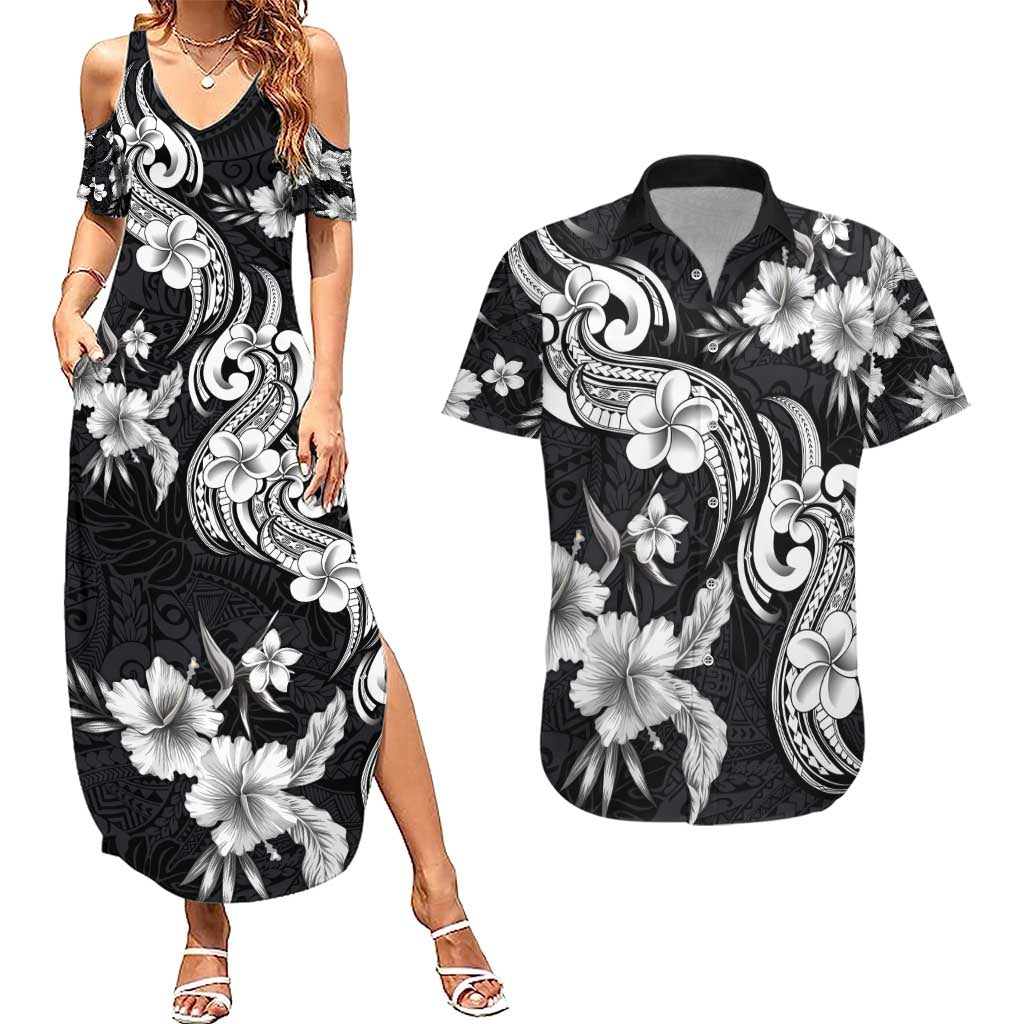 Hawaiian-Polynesian Art Tattoo Couples Matching Summer Maxi Dress and Hawaiian Shirt Hibiscus and Plumeria Grayscale