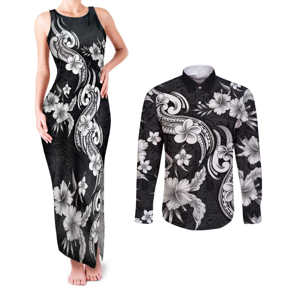Hawaiian-Polynesian Art Tattoo Couples Matching Tank Maxi Dress and Long Sleeve Button Shirt Hibiscus and Plumeria Grayscale