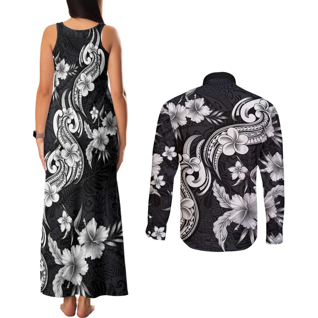 Hawaiian-Polynesian Art Tattoo Couples Matching Tank Maxi Dress and Long Sleeve Button Shirt Hibiscus and Plumeria Grayscale
