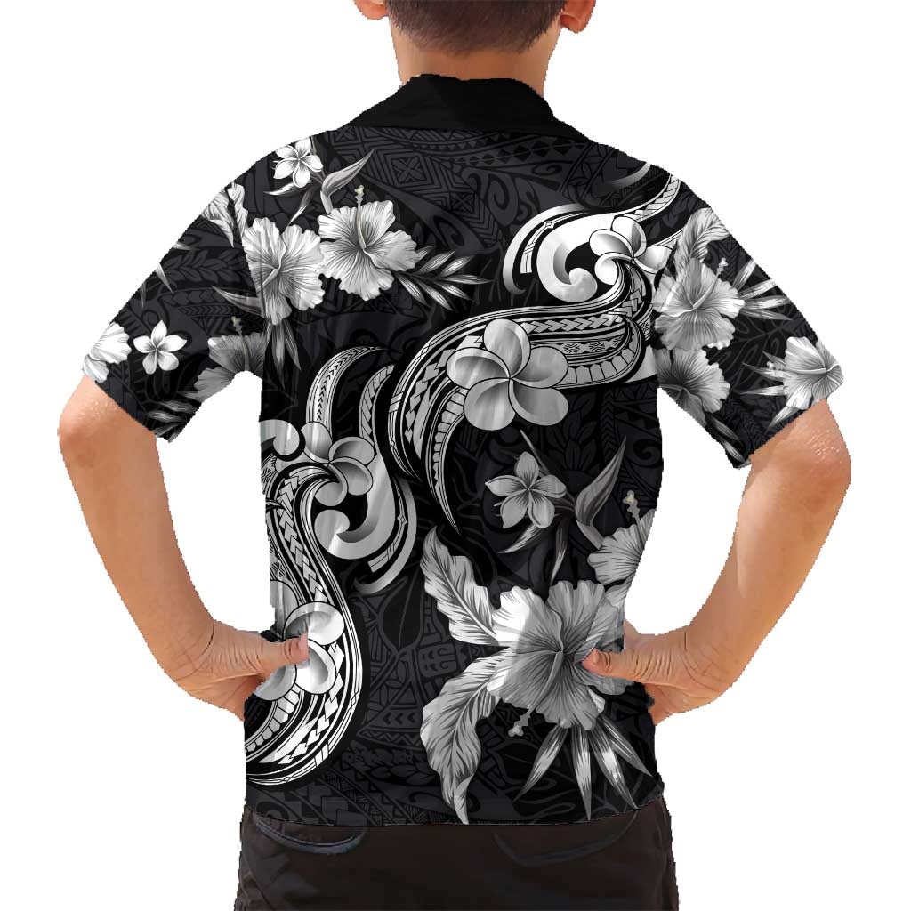 Hawaiian-Polynesian Art Tattoo Family Matching Long Sleeve Bodycon Dress and Hawaiian Shirt Hibiscus and Plumeria Grayscale