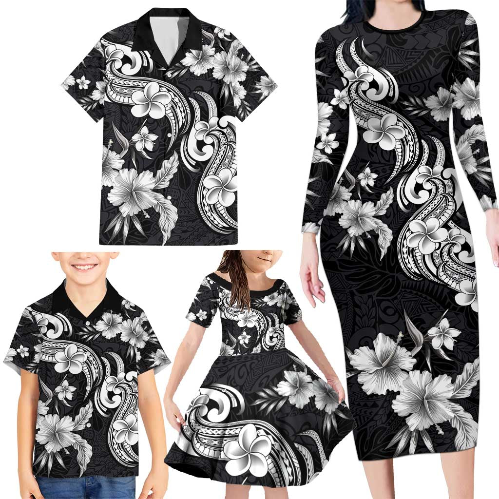 Hawaiian-Polynesian Art Tattoo Family Matching Long Sleeve Bodycon Dress and Hawaiian Shirt Hibiscus and Plumeria Grayscale