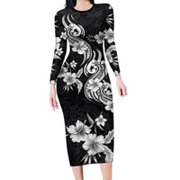 Hawaiian-Polynesian Art Tattoo Family Matching Long Sleeve Bodycon Dress and Hawaiian Shirt Hibiscus and Plumeria Grayscale