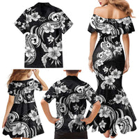 Hawaiian-Polynesian Art Tattoo Family Matching Mermaid Dress and Hawaiian Shirt Hibiscus and Plumeria Grayscale
