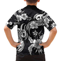 Hawaiian-Polynesian Art Tattoo Family Matching Off The Shoulder Long Sleeve Dress and Hawaiian Shirt Hibiscus and Plumeria Grayscale