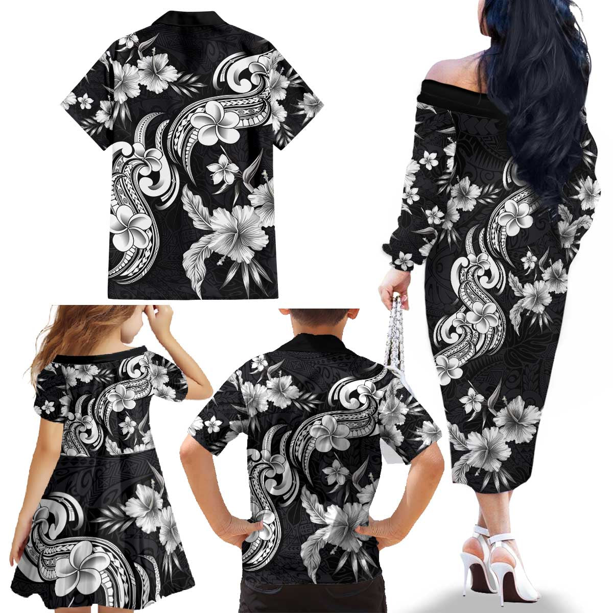 Hawaiian-Polynesian Art Tattoo Family Matching Off The Shoulder Long Sleeve Dress and Hawaiian Shirt Hibiscus and Plumeria Grayscale