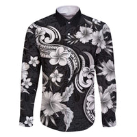 Hawaiian-Polynesian Art Tattoo Family Matching Off The Shoulder Long Sleeve Dress and Hawaiian Shirt Hibiscus and Plumeria Grayscale