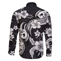Hawaiian-Polynesian Art Tattoo Family Matching Off The Shoulder Long Sleeve Dress and Hawaiian Shirt Hibiscus and Plumeria Grayscale