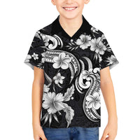 Hawaiian-Polynesian Art Tattoo Family Matching Off The Shoulder Long Sleeve Dress and Hawaiian Shirt Hibiscus and Plumeria Grayscale