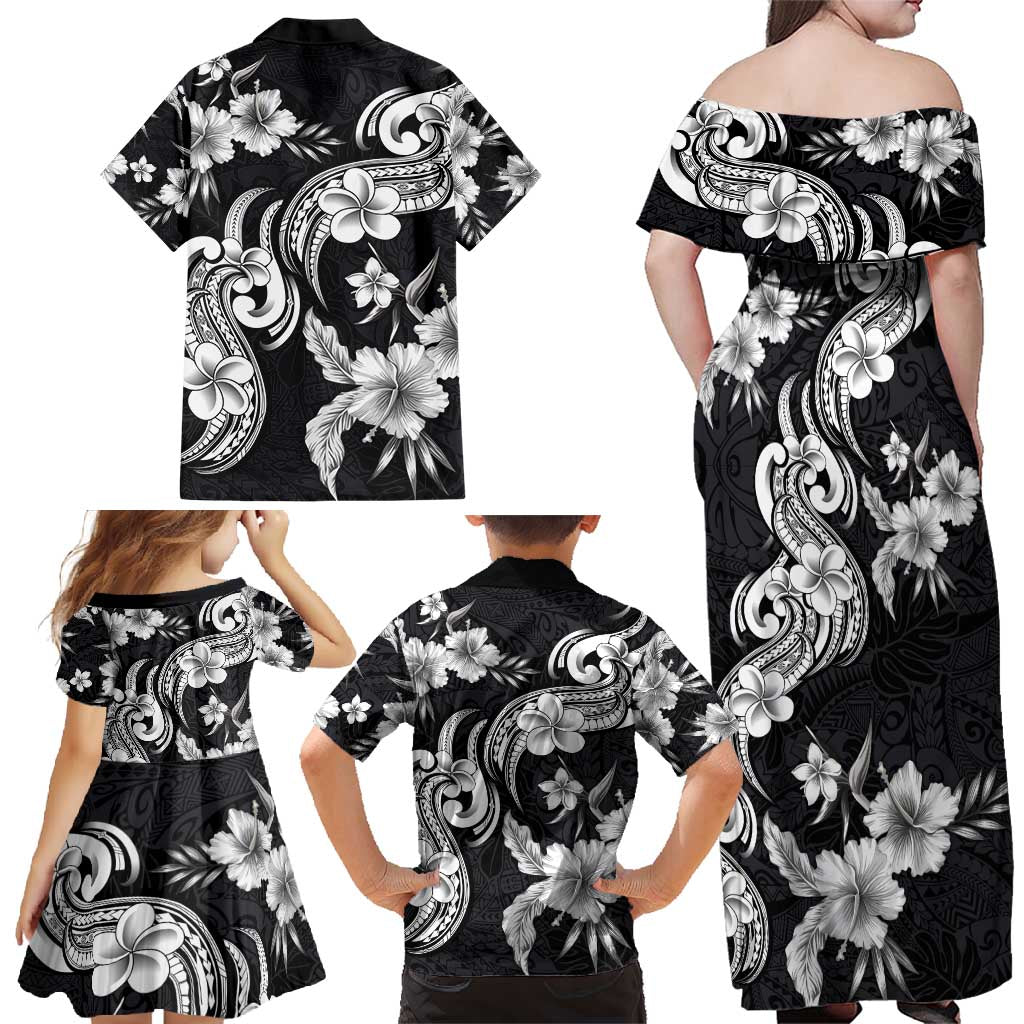 Hawaiian-Polynesian Art Tattoo Family Matching Off Shoulder Maxi Dress and Hawaiian Shirt Hibiscus and Plumeria Grayscale