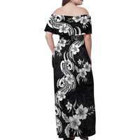 Hawaiian-Polynesian Art Tattoo Family Matching Off Shoulder Maxi Dress and Hawaiian Shirt Hibiscus and Plumeria Grayscale