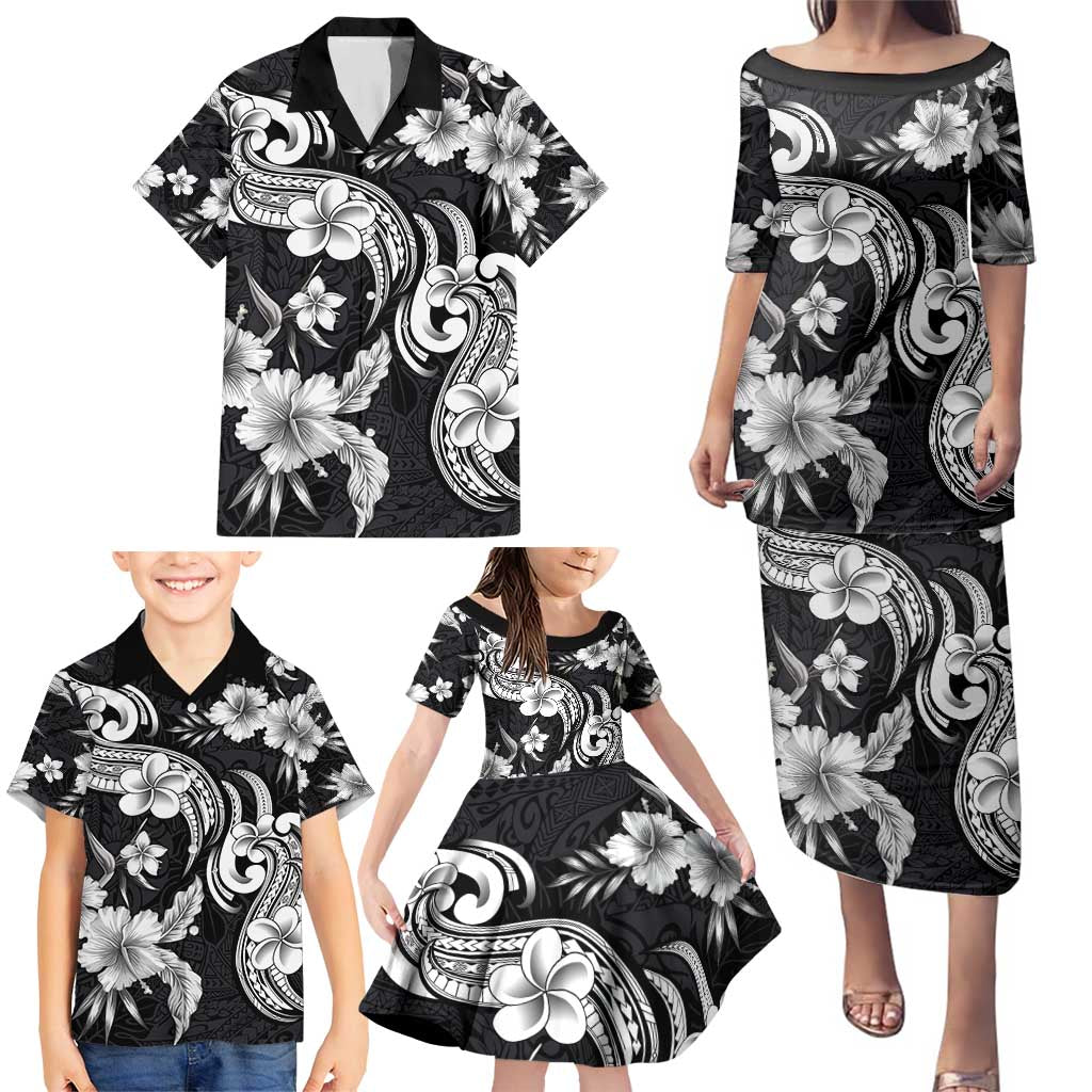 Hawaiian-Polynesian Art Tattoo Family Matching Puletasi and Hawaiian Shirt Hibiscus and Plumeria Grayscale