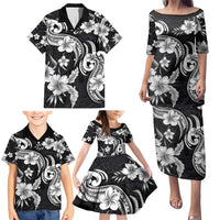 Hawaiian-Polynesian Art Tattoo Family Matching Puletasi and Hawaiian Shirt Hibiscus and Plumeria Grayscale