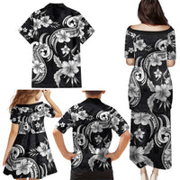 Hawaiian-Polynesian Art Tattoo Family Matching Puletasi and Hawaiian Shirt Hibiscus and Plumeria Grayscale