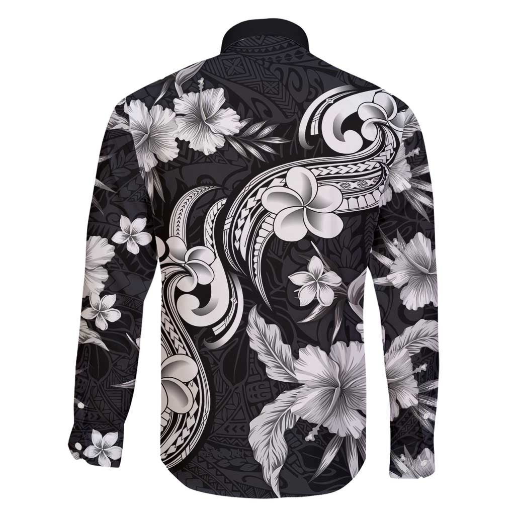 Hawaiian-Polynesian Art Tattoo Family Matching Short Sleeve Bodycon Dress and Hawaiian Shirt Hibiscus and Plumeria Grayscale