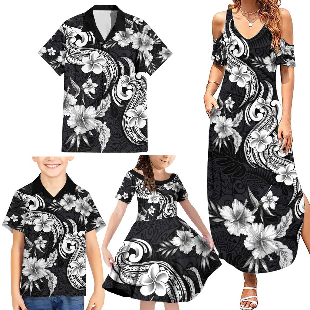 Hawaiian-Polynesian Art Tattoo Family Matching Summer Maxi Dress and Hawaiian Shirt Hibiscus and Plumeria Grayscale