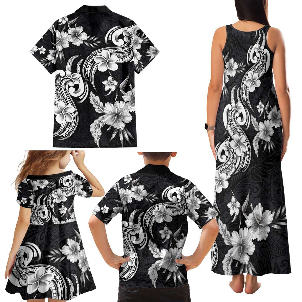 Hawaiian-Polynesian Art Tattoo Family Matching Tank Maxi Dress and Hawaiian Shirt Hibiscus and Plumeria Grayscale
