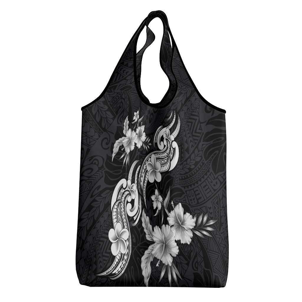 Hawaiian-Polynesian Art Tattoo Grocery Bag Hibiscus and Plumeria Grayscale