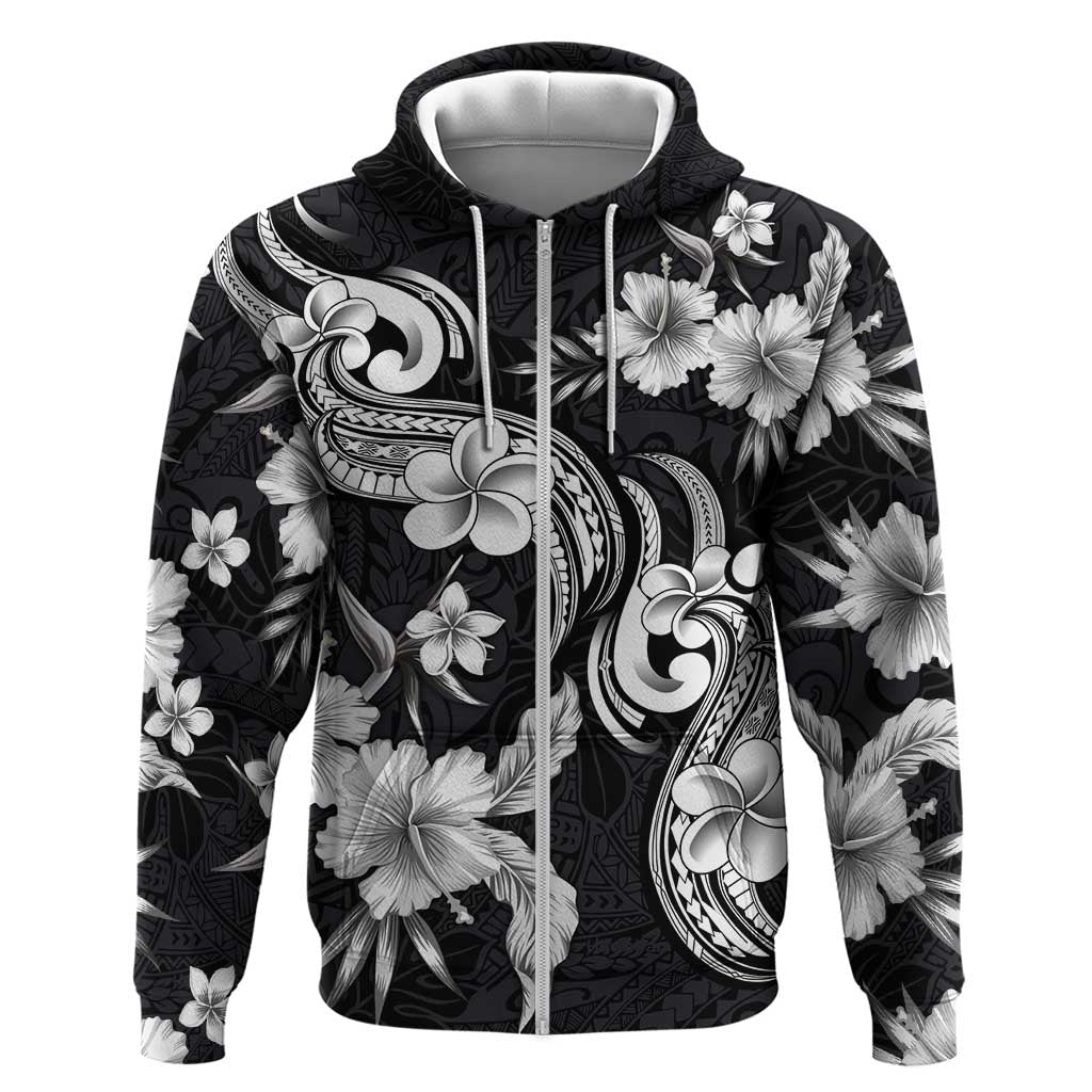 Hawaiian-Polynesian Art Tattoo Hoodie Hibiscus and Plumeria Grayscale