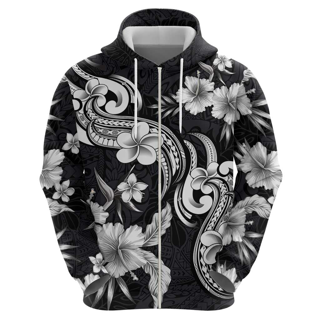 Hawaiian-Polynesian Art Tattoo Hoodie Hibiscus and Plumeria Grayscale