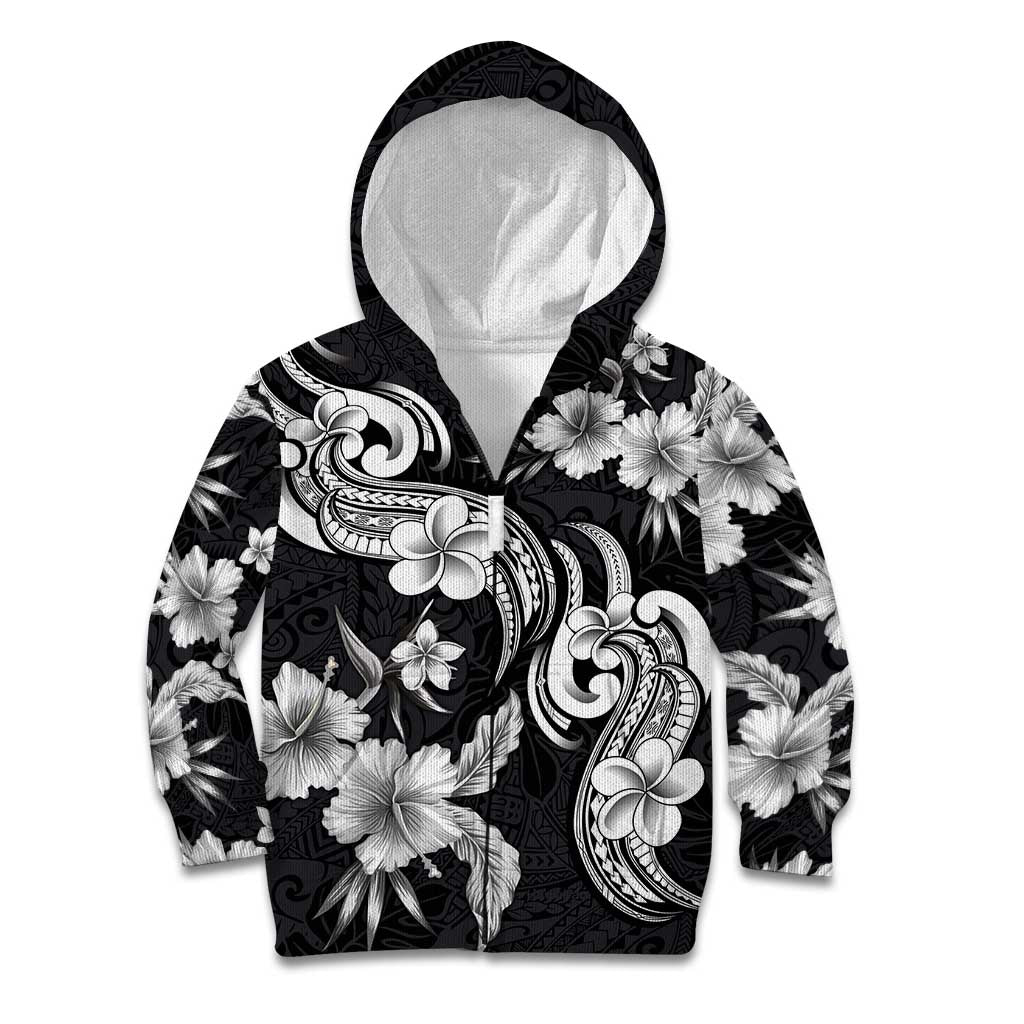 Hawaiian-Polynesian Art Tattoo Kid Hoodie Hibiscus and Plumeria Grayscale