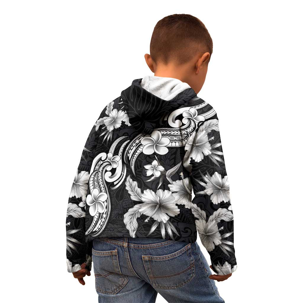 Hawaiian-Polynesian Art Tattoo Kid Hoodie Hibiscus and Plumeria Grayscale