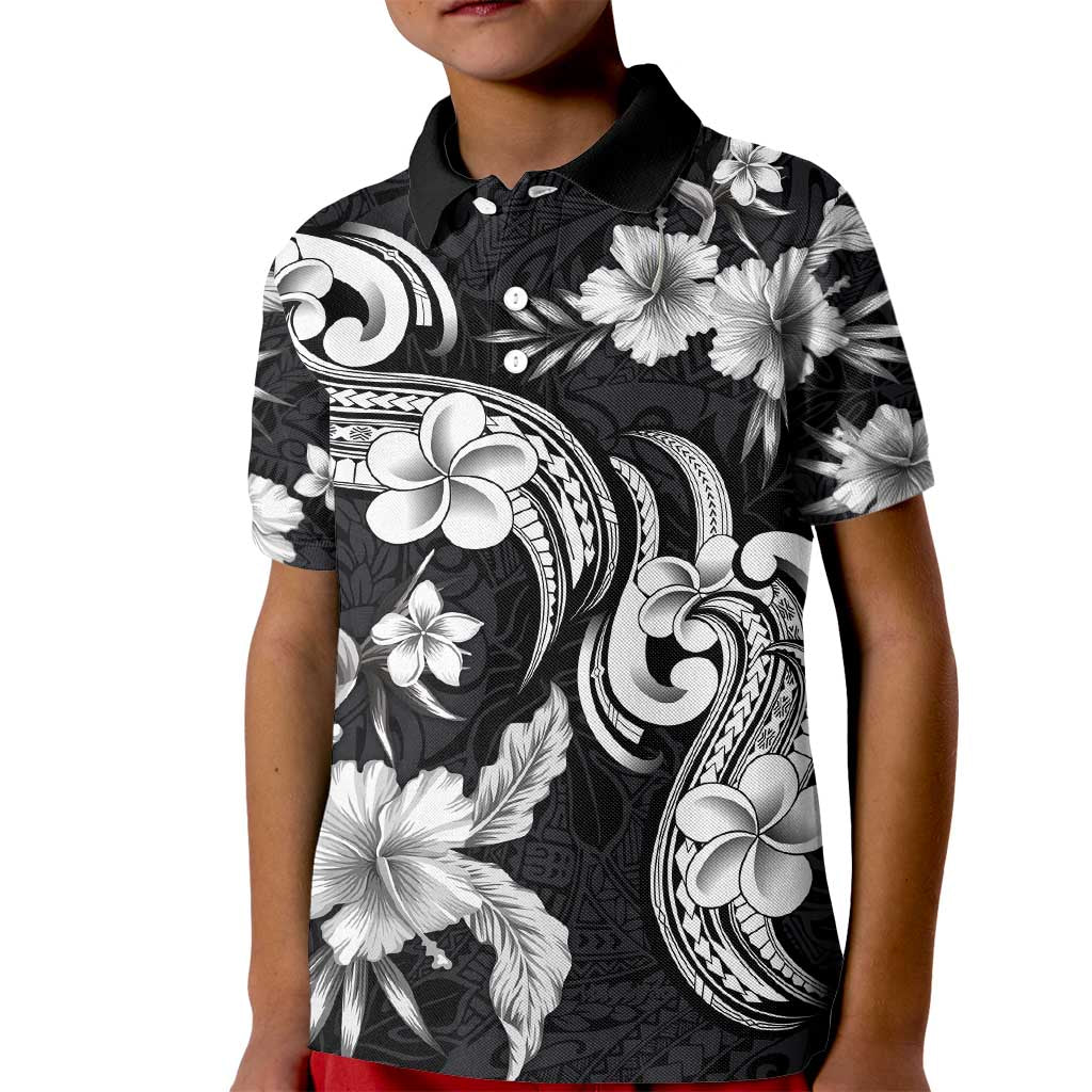 Hawaiian-Polynesian Art Tattoo Kid Polo Shirt Hibiscus and Plumeria Grayscale