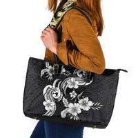 Hawaiian-Polynesian Art Tattoo Leather Tote Bag Hibiscus and Plumeria Grayscale