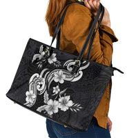 Hawaiian-Polynesian Art Tattoo Leather Tote Bag Hibiscus and Plumeria Grayscale