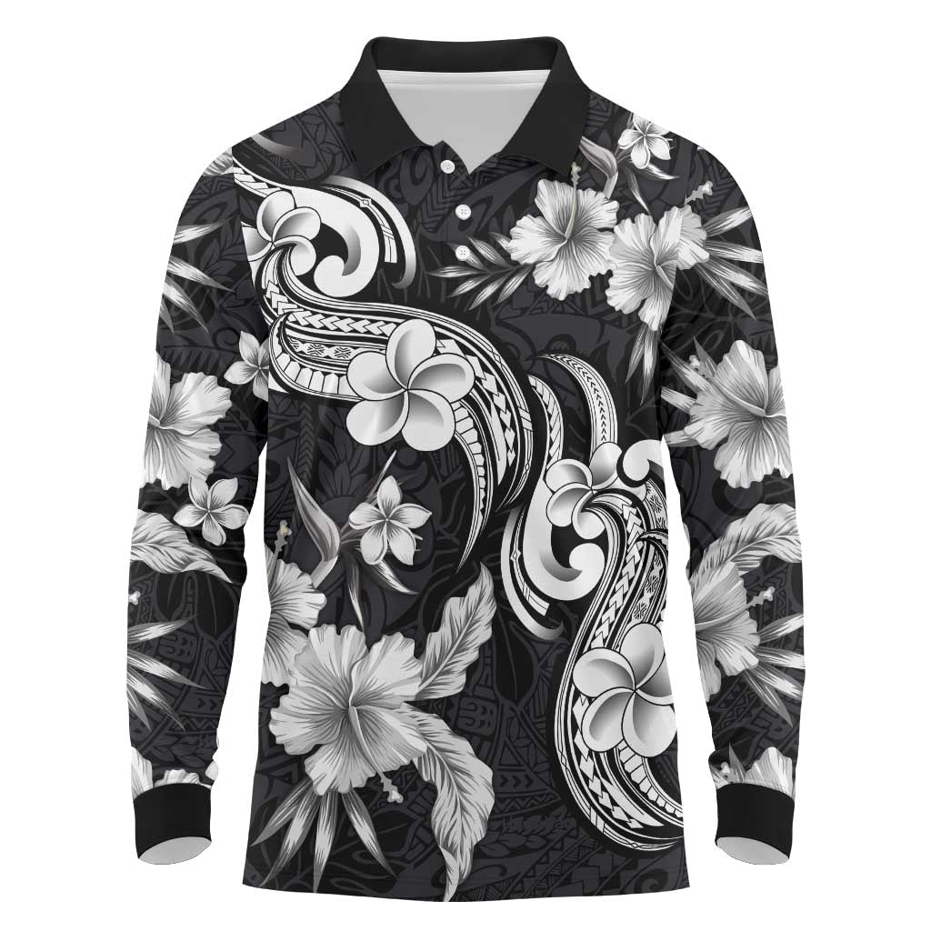 Hawaiian-Polynesian Art Tattoo Long Sleeve Polo Shirt Hibiscus and Plumeria Grayscale