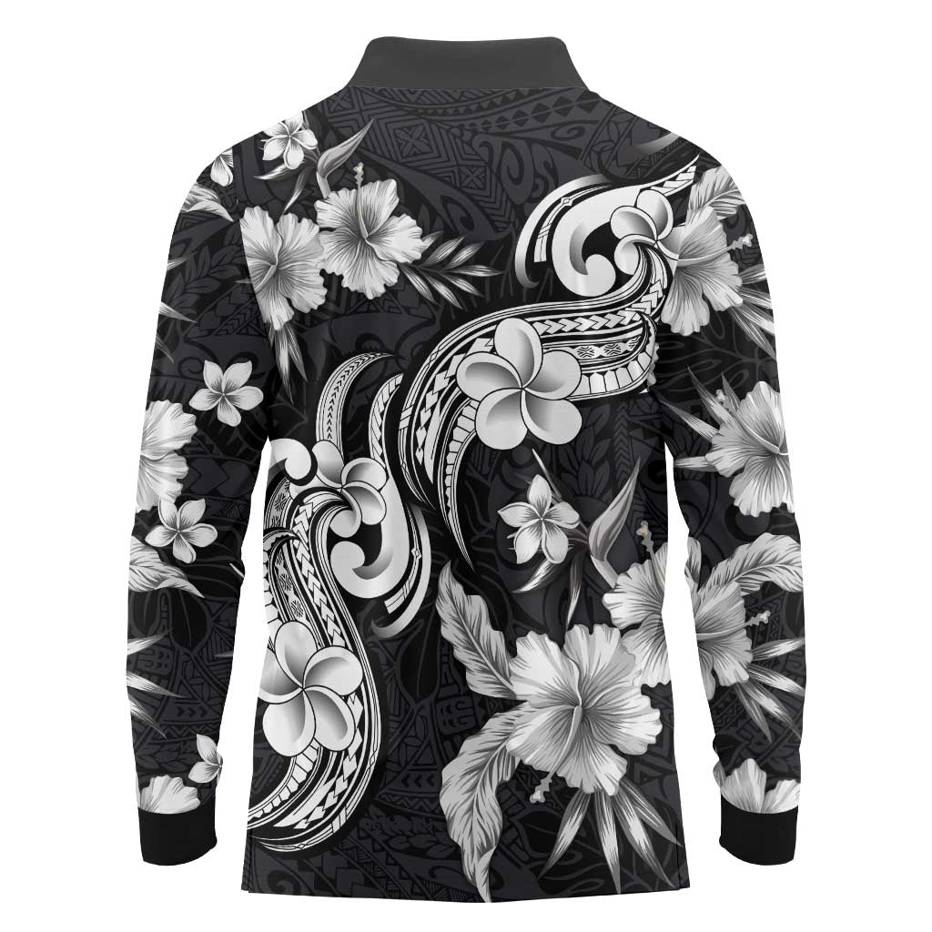 Hawaiian-Polynesian Art Tattoo Long Sleeve Polo Shirt Hibiscus and Plumeria Grayscale