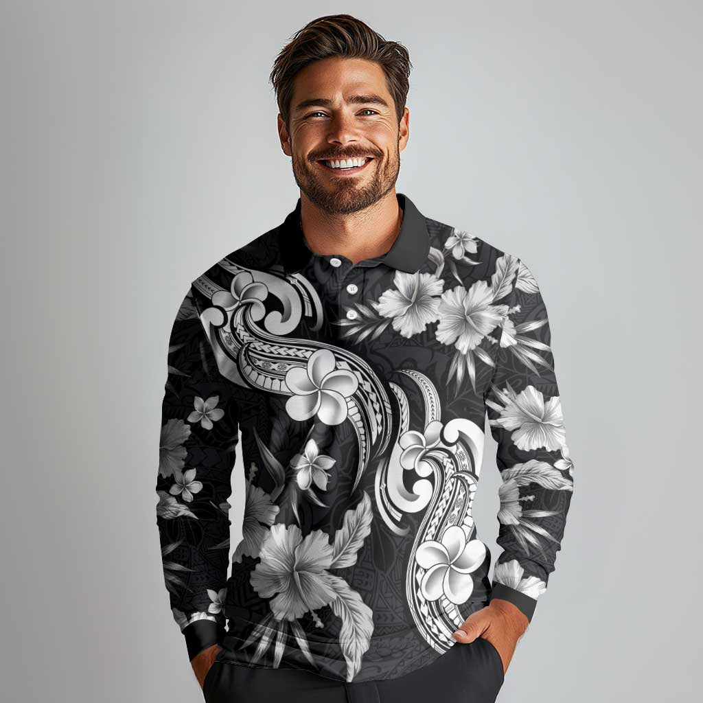 Hawaiian-Polynesian Art Tattoo Long Sleeve Polo Shirt Hibiscus and Plumeria Grayscale