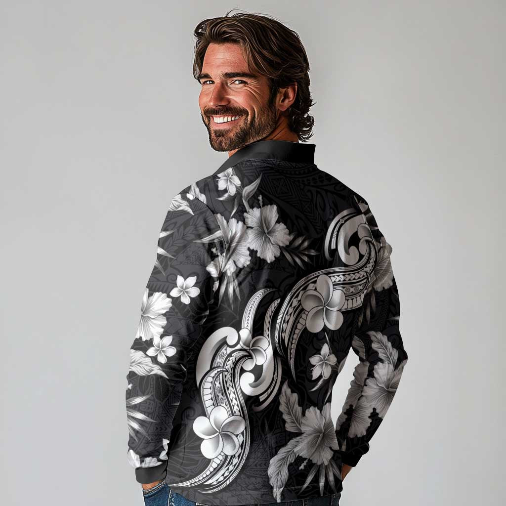Hawaiian-Polynesian Art Tattoo Long Sleeve Polo Shirt Hibiscus and Plumeria Grayscale