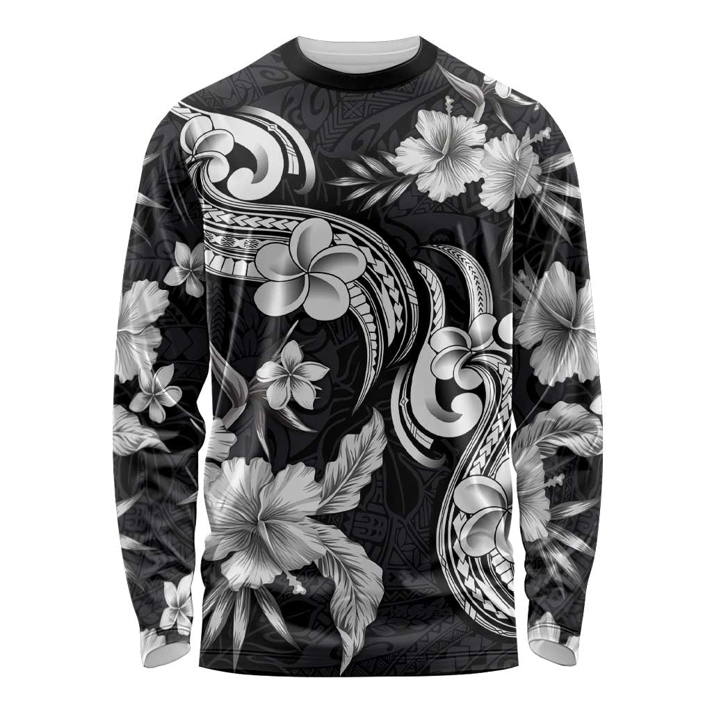 Hawaiian-Polynesian Art Tattoo Long Sleeve Shirt Hibiscus and Plumeria Grayscale