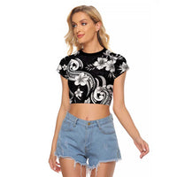 Hawaiian-Polynesian Art Tattoo Raglan Cropped T Shirt Hibiscus and Plumeria Grayscale