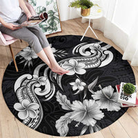 Hawaiian-Polynesian Art Tattoo Round Carpet Hibiscus and Plumeria Grayscale